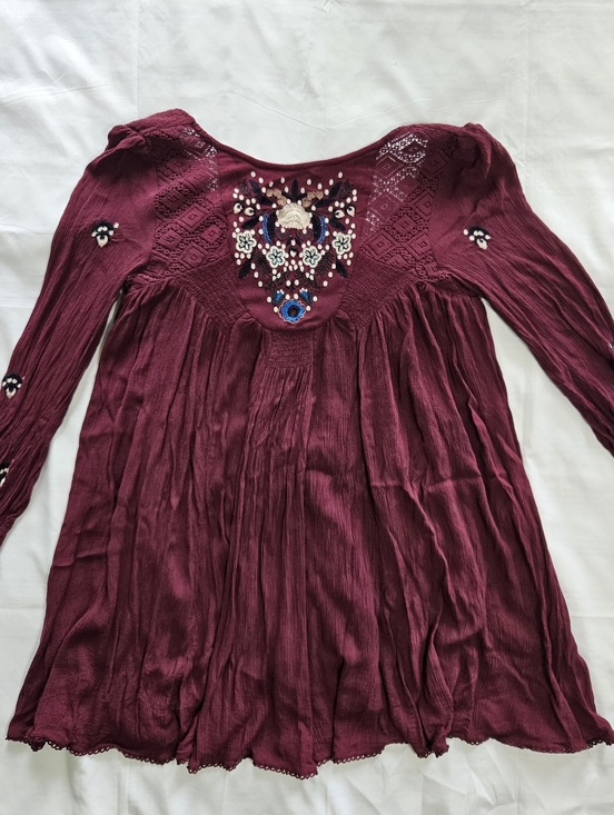Free People Dresses & Skirts - Free People Womens S Plum Burgundy Floral Embroidered V Back Babydoll Dress